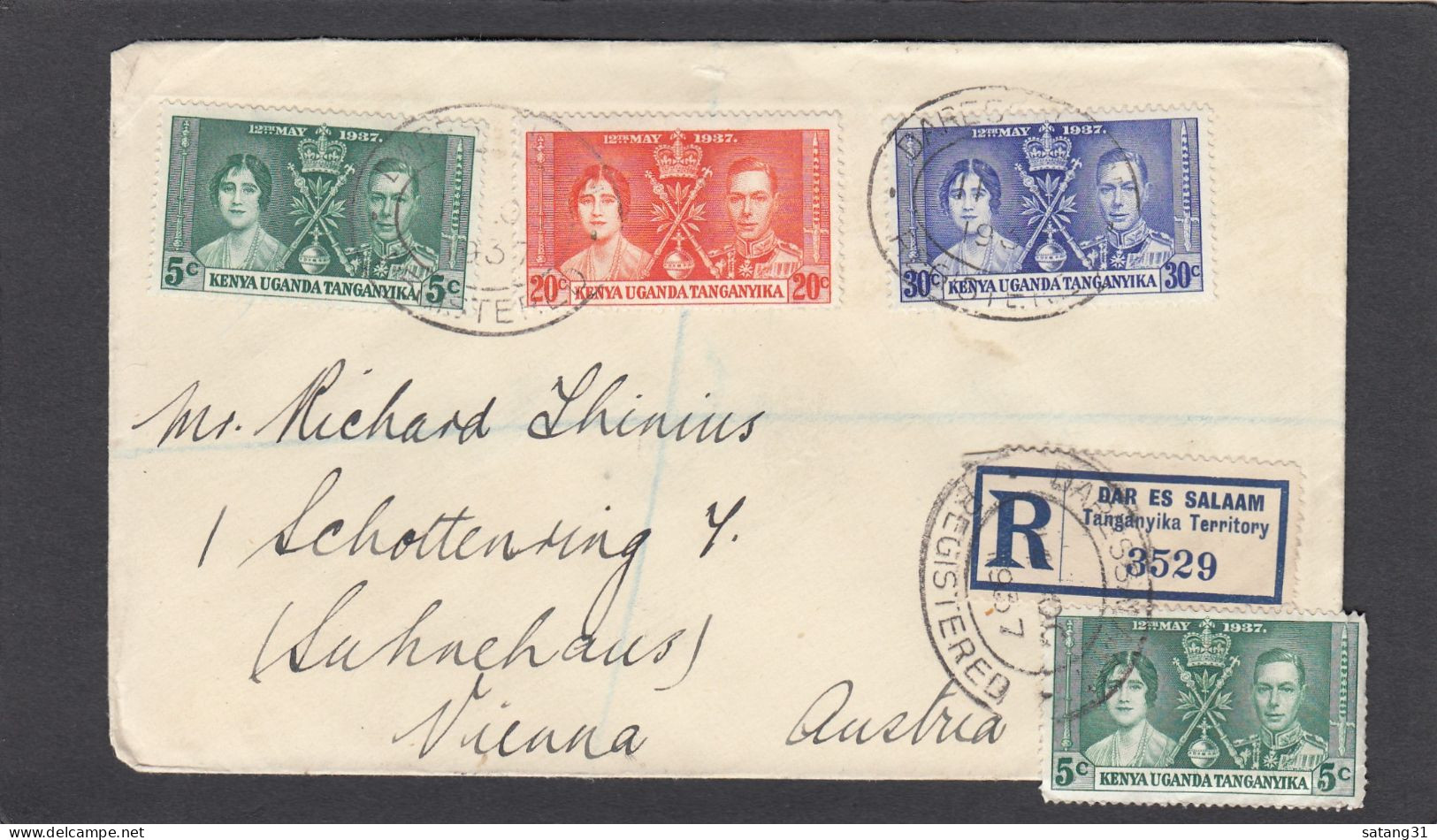 LETTRE RECOMMANDEE DE DAR ES SALAAM  AVEC SERIE DE TIMBRES " COURONNEMENT GEORGE VI - 1937 " POUR VIENNE. - Zanzibar (...-1963)