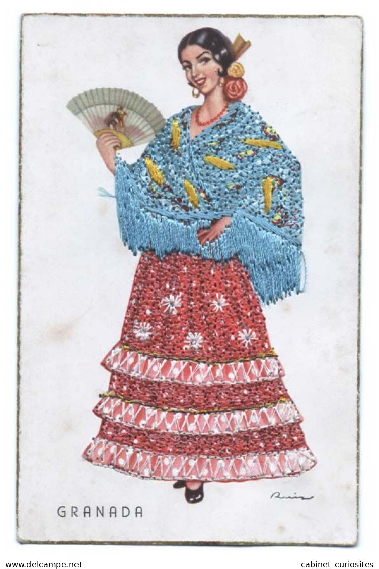 Carte Brodée De Fils Bleus, Jaunes, Rouges Et Argent - Illustration Ruiz - Femme De Granada  Espagne  Grenade - Éventail - Bestickt