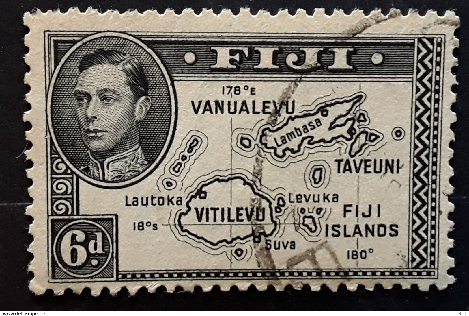 FIJI FIDJI 1938 King George VI,  Yvert 110 , Map Carte Géographique,  6 P Noir  Obl TB Cote 30 Euros - Fidji (...-1970)