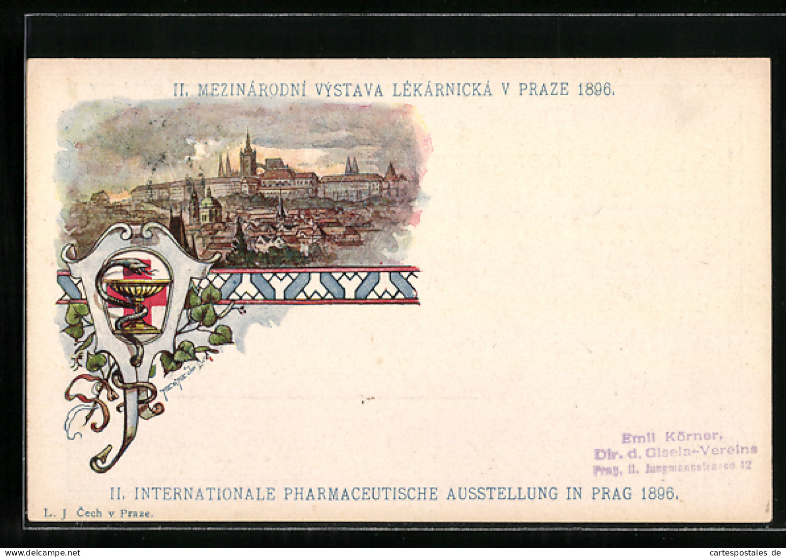 Lithographie Prag, II. Internationale Pharmaceutische Ausstellung 1896, Panorama  - Santé