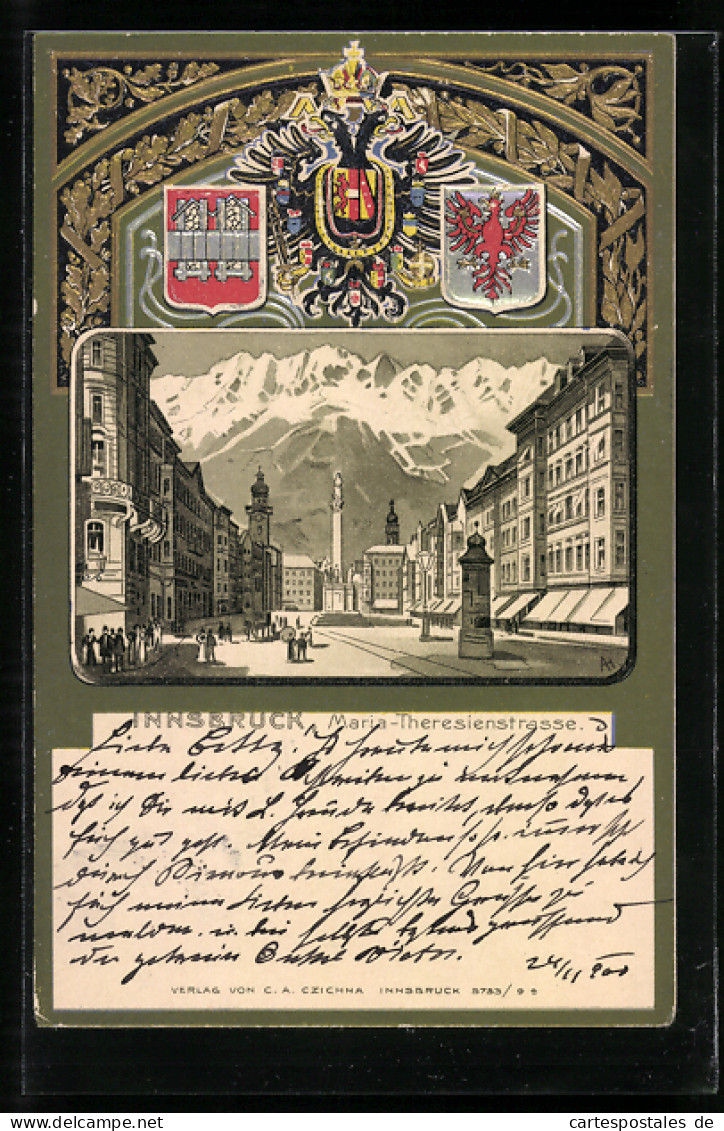Lithographie Innsbruck, Maria-Theresienstrasse, Wappen  - Autres & Non Classés