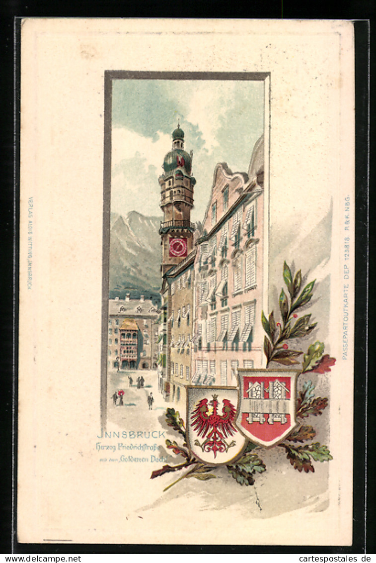 Passepartout-Lithographie Innsbruck, Herzog Friedrichstrasse Mit Goldenem Dachl, Wappen  - Andere & Zonder Classificatie