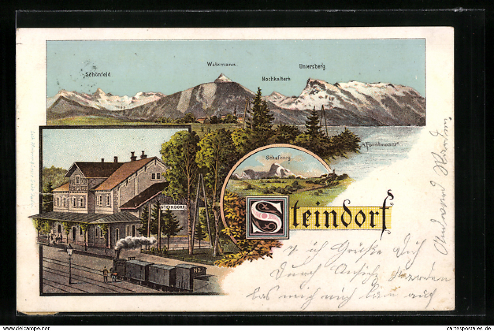 Lithographie Steindorf, Bahnhof Mit Einfahrendem Zug, Alpen-Panorama  - Sonstige & Ohne Zuordnung