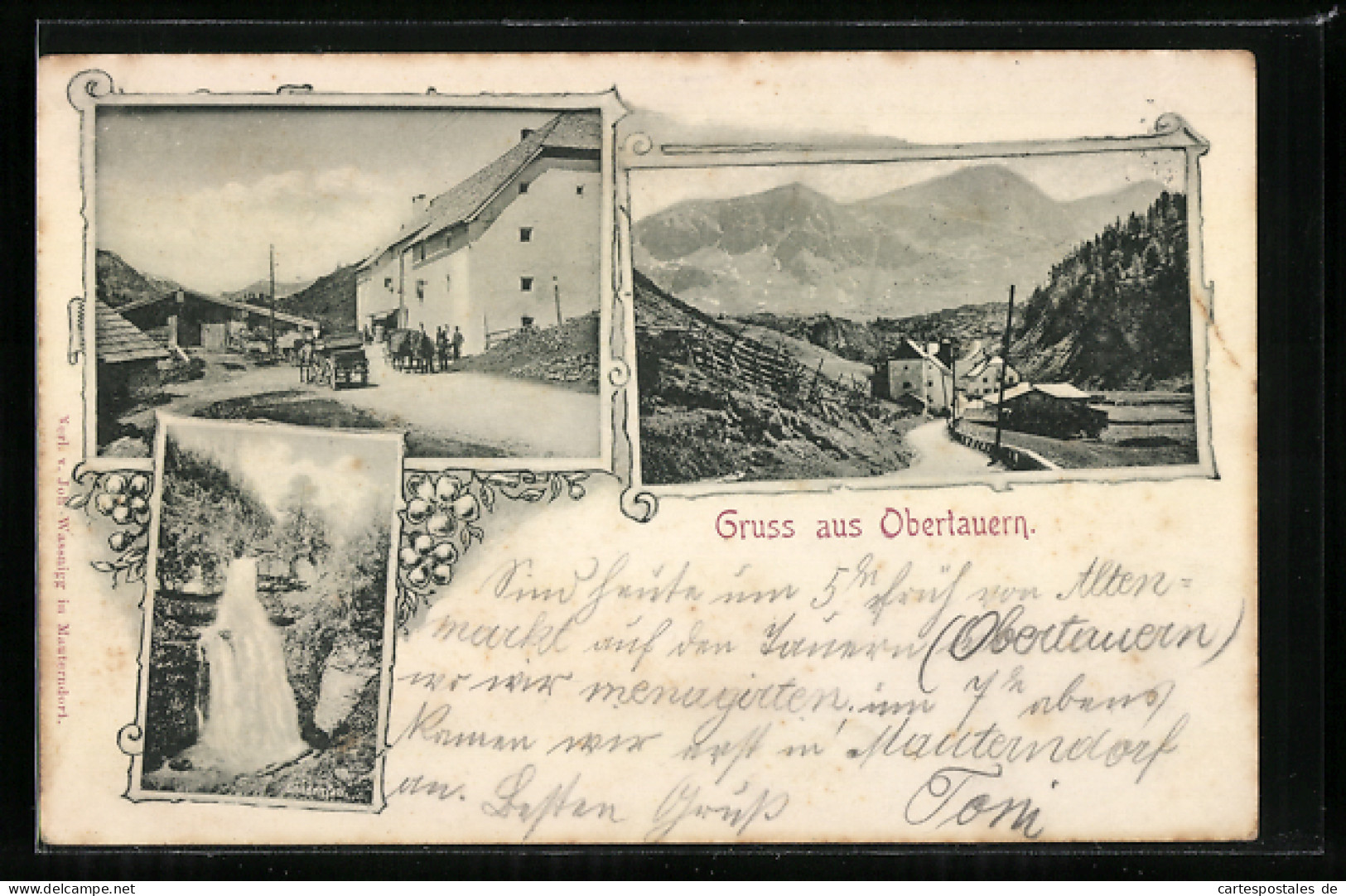 AK Obertauern, Ortspartie Mit Pferdewagen, Wasserfall, Ortsansicht Mit Den Bergen Im Hintergrund  - Otros & Sin Clasificación