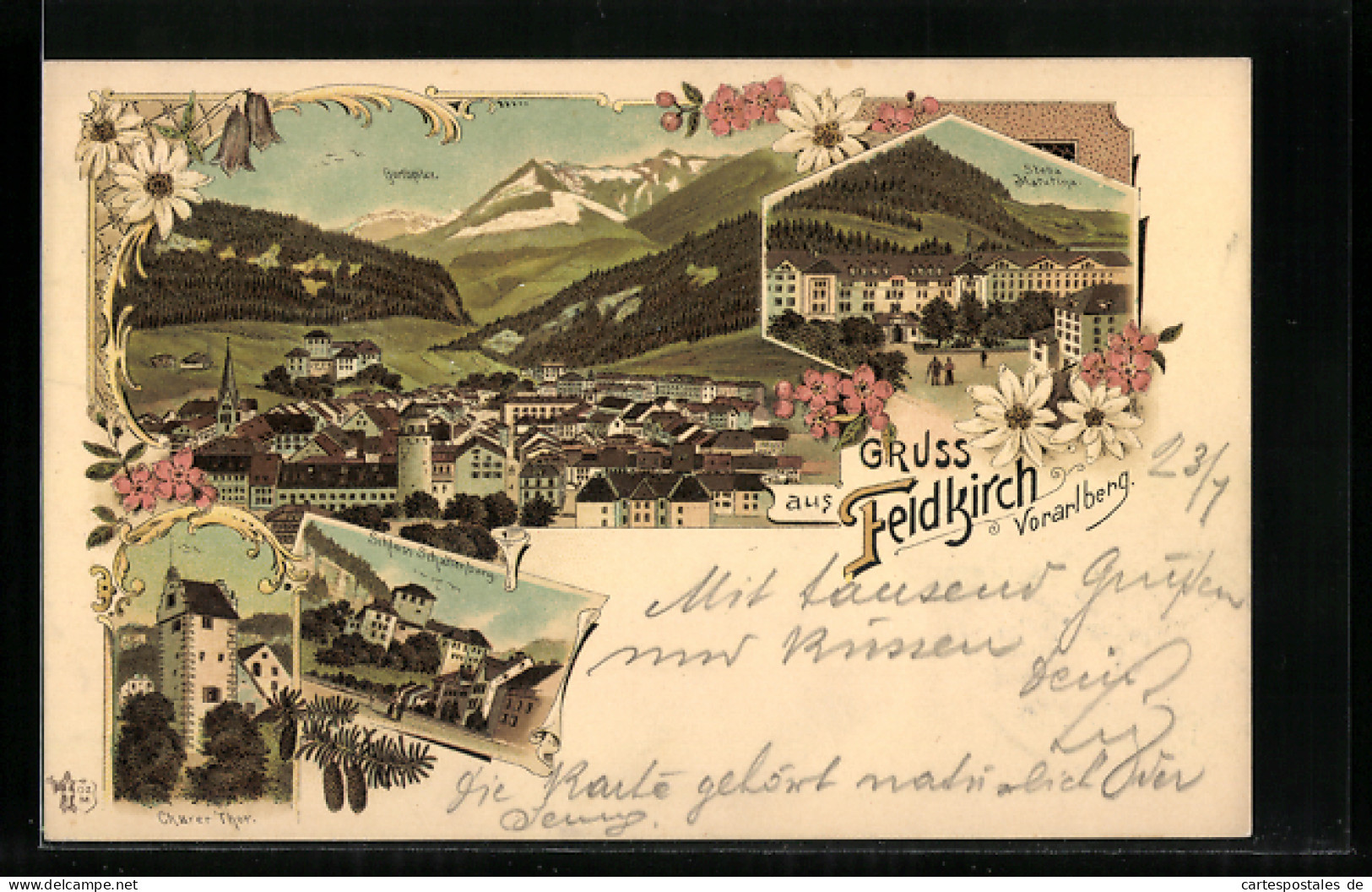 Lithographie Feldkirch /Vorarlberg, Schloss Schattenburg, Churer Thor, Stella Matutina  - Autres & Non Classés