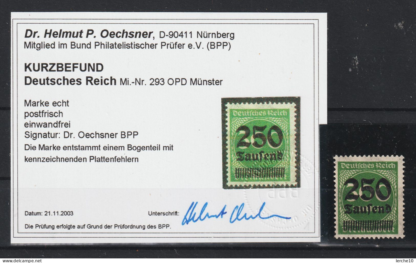MiNr. 293 Postfrisch, OPD Münster, Befund Oechsner BPP - Neufs
