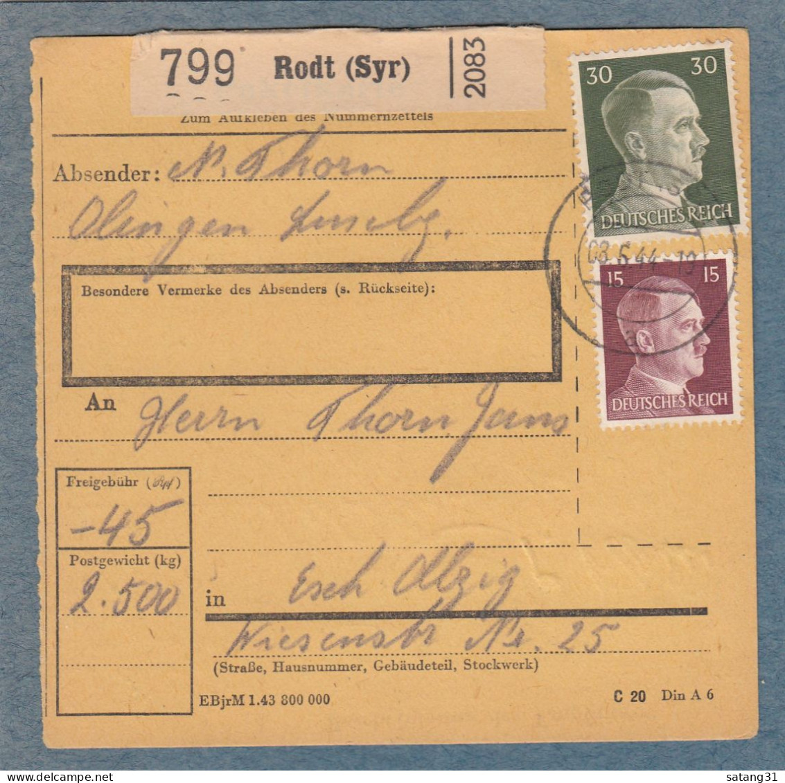 PACKETKARTE AUS RODT (SYR) NACH ESCH/ALZIG,8-6-1944. - Occupation