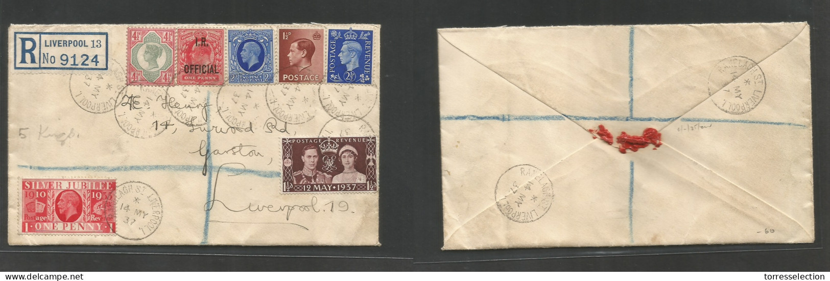 Great Britain - XX. 1937 (14 May) Ranelagh St, Liverpool - Ganston. Registered Silver Jubilee Five Kings Multifkd Envelo - ...-1840 Préphilatélie