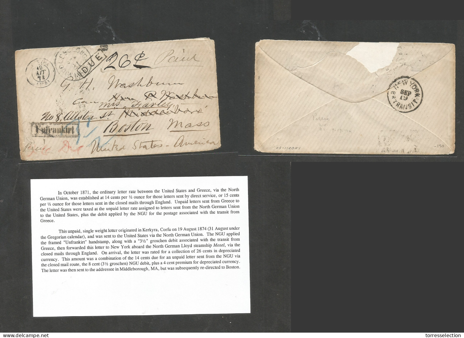 GREECE. 1871 (19 Aug) Kerkyra - USA, Middleleboro, Mass Fwded To Boston. Unfranked Envelope, Depart Cds Via North German - Autres & Non Classés