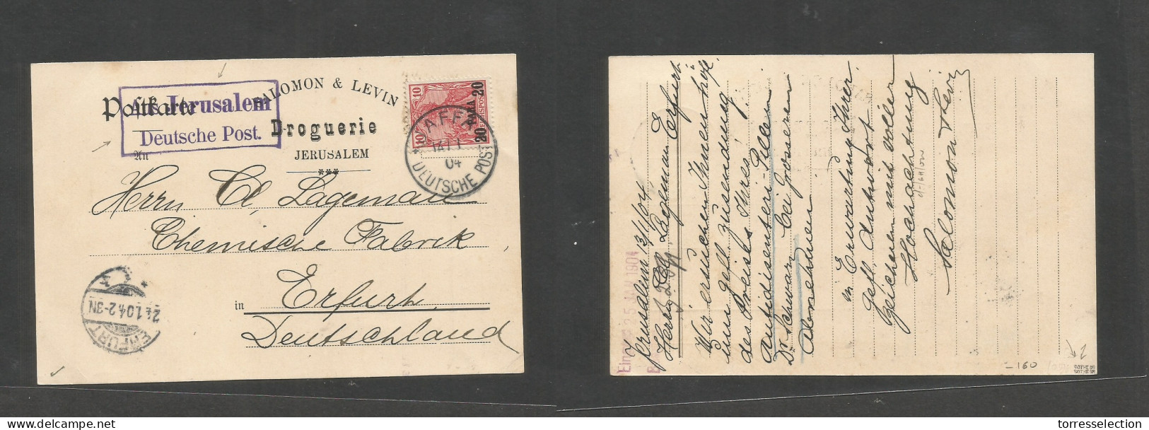 GERMAN LEVANT. 1904 (14 Nov) Palestine, Jaffa - Germany, Erfurt (24 Nov) Fkd Private Business Card + Special Lilac Cache - Andere & Zonder Classificatie