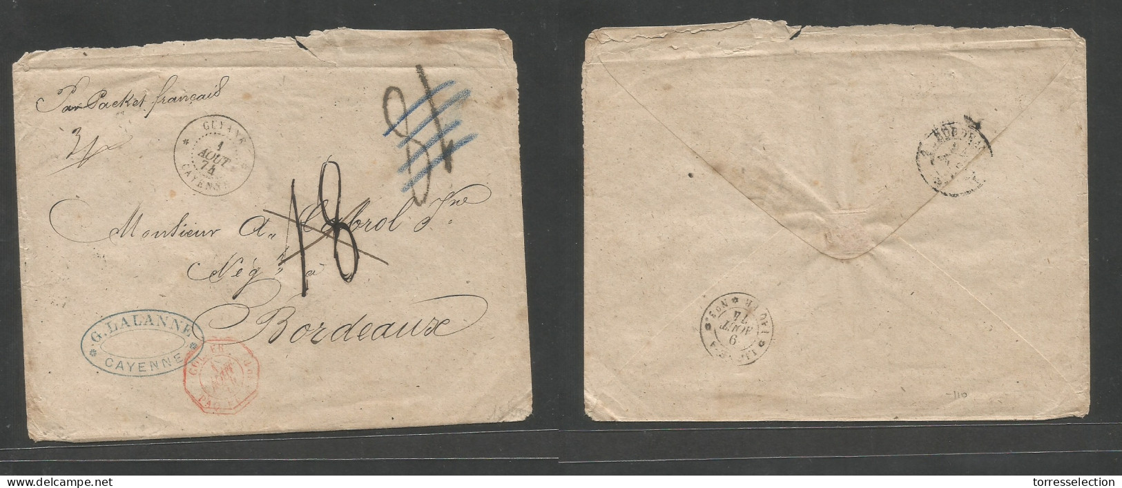 FRC - Guiana. 1874 (1 Aug) Cayenne - France, Bordeaux (24 Aug) Stampless Comercial Envelope, Depart Cds + 3 Modified Mns - Autres & Non Classés