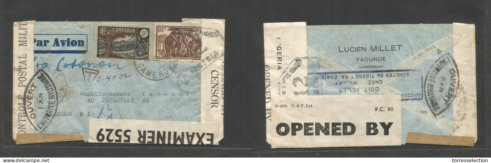 FRC - Cameroun. 1942 (15 June) Yaounde - London, UK. Multifkd Air Envelope Including Ovptd 27.3.40 Issue, Tied Cds Via C - Other & Unclassified