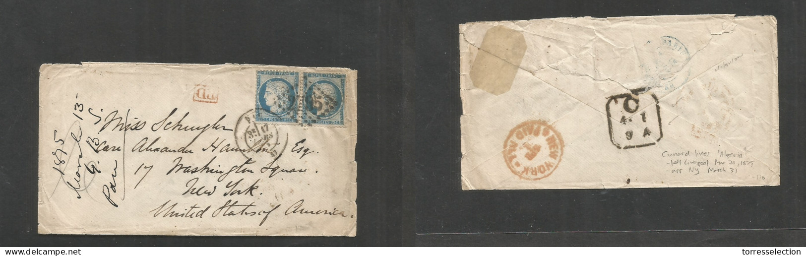 FRANCE. 1875 (13 March) Pan - USA, NYC (1 April) Multifkd Env At 0,50fr Rate, Dots Nr Cancel `+ Cds. Reverse Cunard Line - Andere & Zonder Classificatie