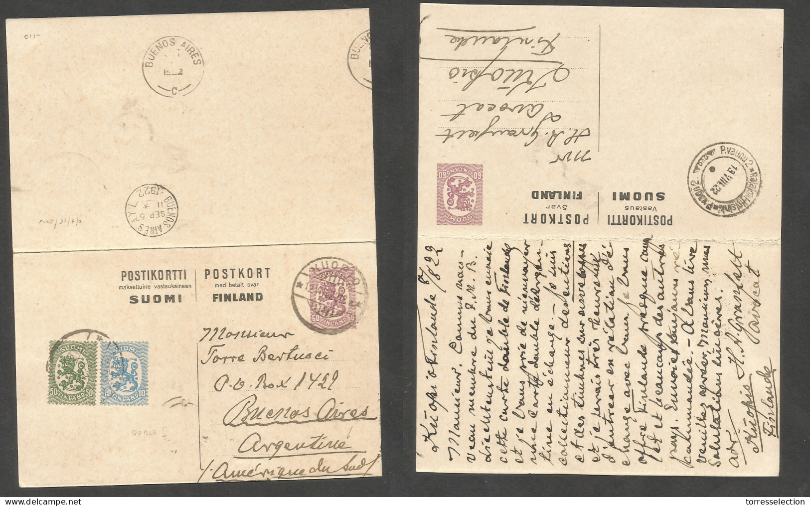 FINLAND. 1922 (12 Aug Kuopio - Argentina, Buenos Aires 60m Lilac Doble Stationary Card + 2 Adtls At 10m Rate, Used On Wa - Autres & Non Classés