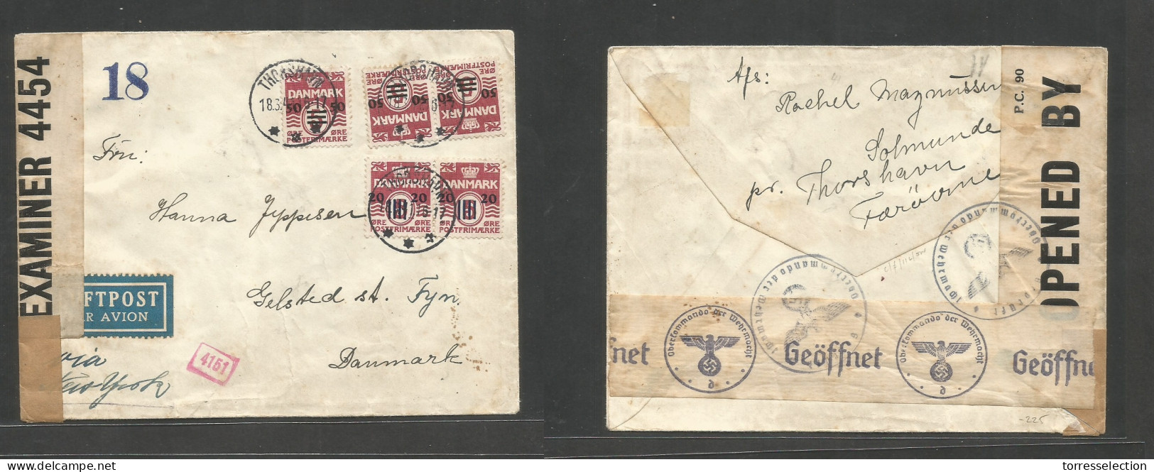 Faroe Isl.. 1941 (18 March) Thorshavn - Denmark, Gelsted. Air Multifkd Env, Ovptd Issue At 190 Ore Rate, Cds, With Briti - Féroé (Iles)