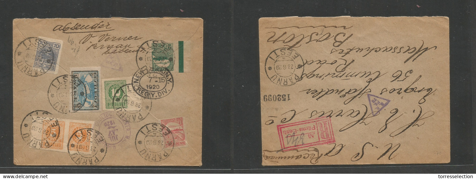 ESTONIA. 1920 (28 June) Parnu - USA, Boston (17 July) Registered Reverse Multifkd Envelope, Tied Cds + NY Transited. Thr - Estonie