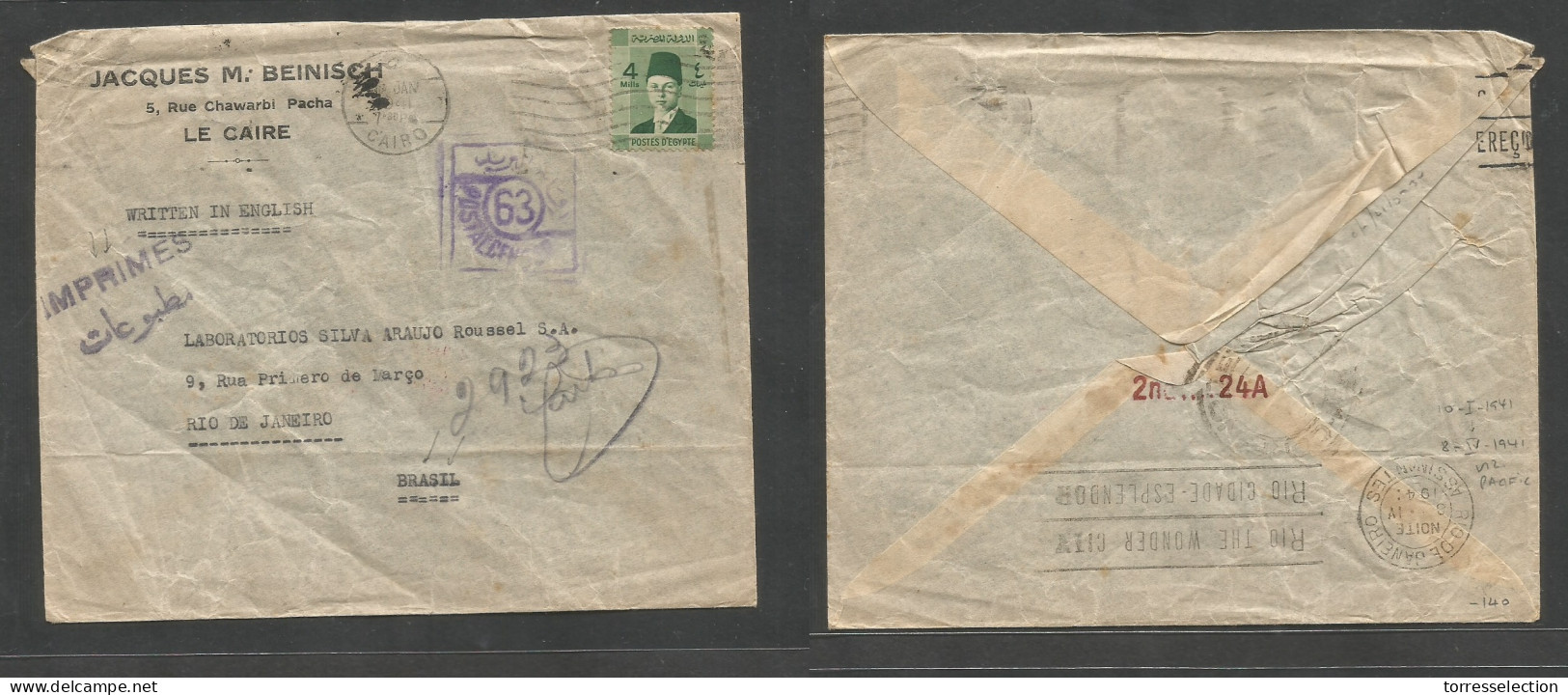 EGYPT. 1941 (Jan 10) Cairo - Brazil, RJ (8 April 41) Air Unusual Pm Rate Unsealed Single 4 Ms Comercial Envelope, Depart - Sonstige & Ohne Zuordnung