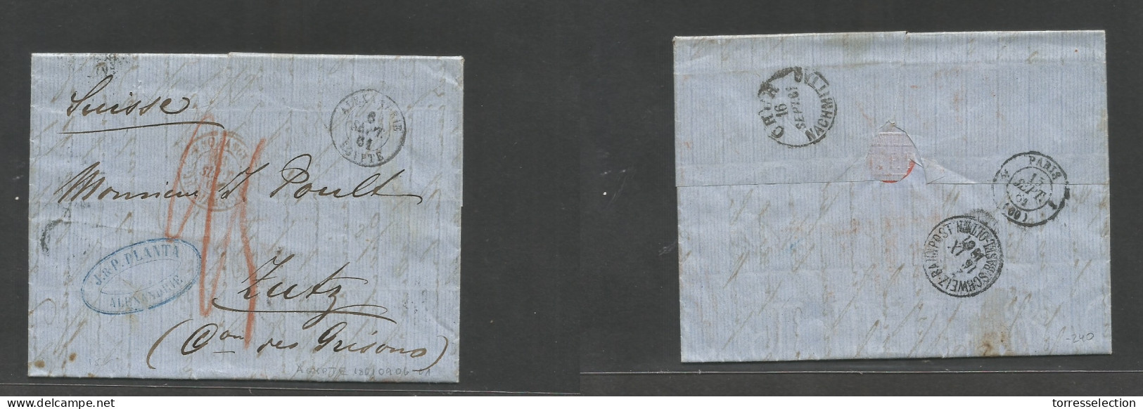 EGYPT. 1861 (6 Sept) Alexandria - Switzerland, Zutz (16 Sept) Via Basel - Chur. Stampless EL With Text, Depart French PO - Sonstige & Ohne Zuordnung