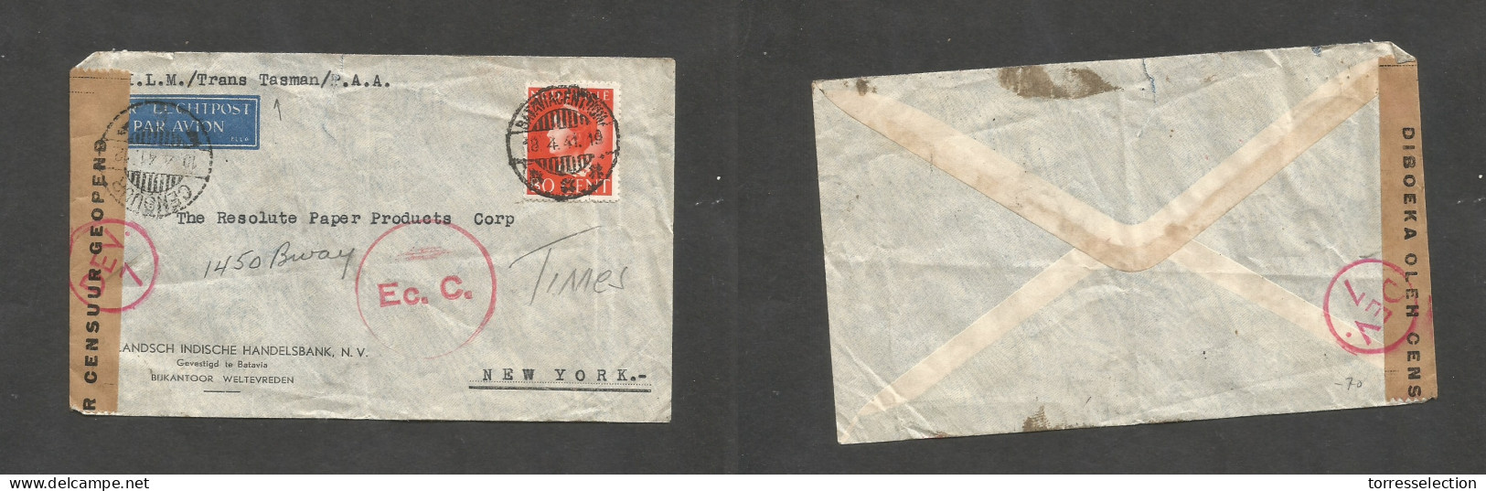 DUTCH INDIES. 1941 (18 April) Batavia - USA, NYC. Single 80c Red Fkd Comercial Envelope, WWII Censored Air Route KNILM / - Nederlands-Indië
