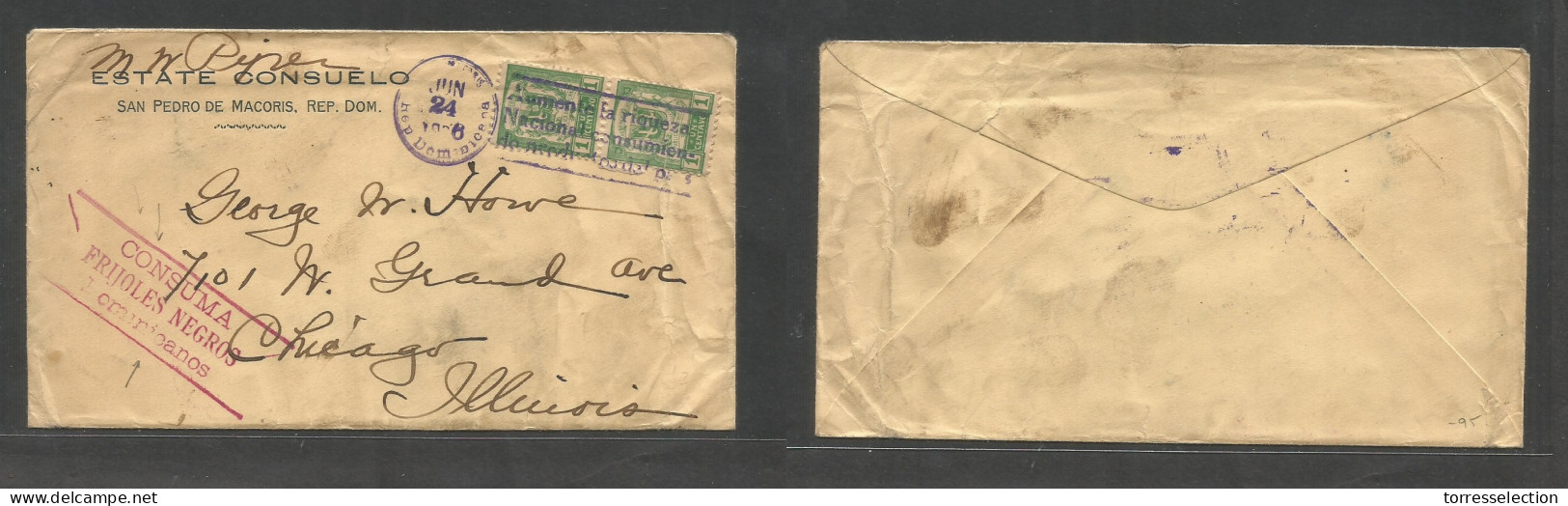 DOMINICAN REP. 1926 (24 June) San Pedro Macoris - USA, Chicago, Ill. Unsealed Pm 2c Rate Multifkd Env, 1c Green Pair, Ti - Dominicaine (République)