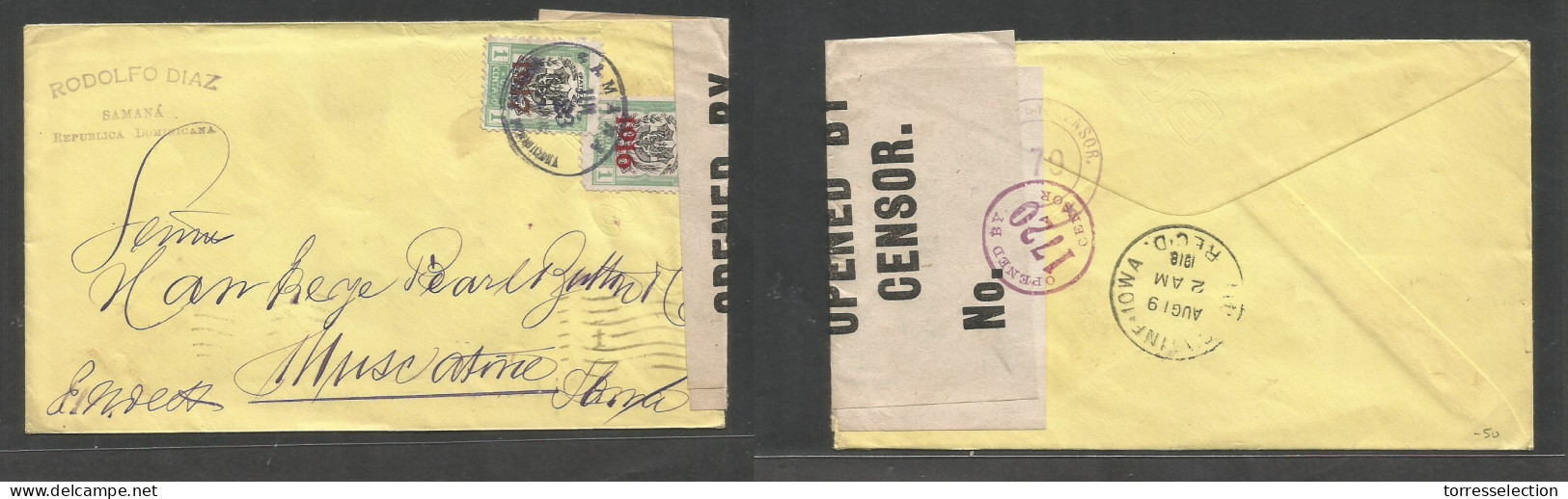 DOMINICAN REP. 1918 (23 July) Samara - USA, Iowa. Muscatine (19 Aug) 1916 + 1917 Ovptd Multifkd Envelope Comercial + WWI - Dominicaine (République)