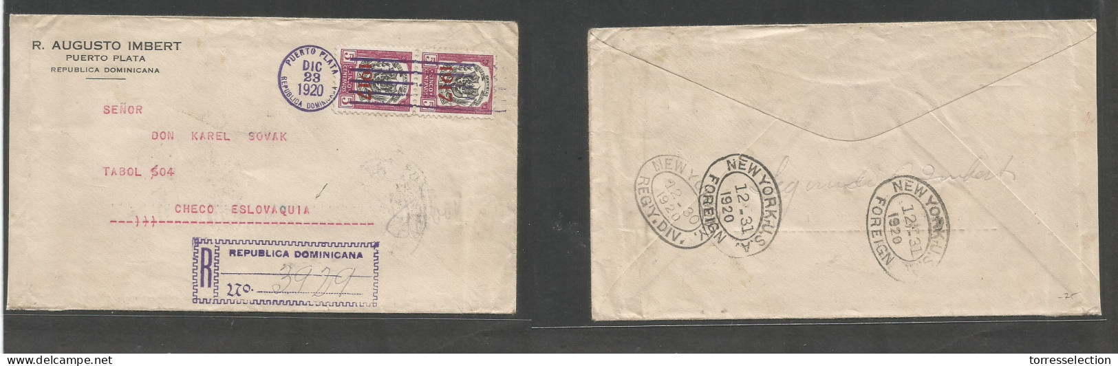 DOMINICAN REP. 1920 (23 Dic) Puerto Plata - Czechoslovakia, Tabol. Comercial Multifkd Registered Envelope At 10c Rate, R - Dominicaine (République)