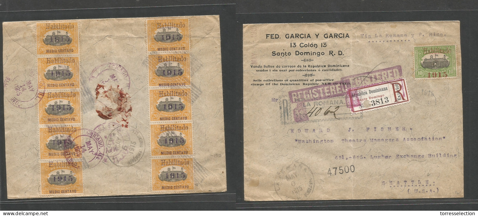 DOMINICAN REP. 1915 (6 May) 1915 Ovptd Issue, La Romana - USA, Seattle (17 May) Comercial Multifkd Env Front And Reverse - Dominicaine (République)