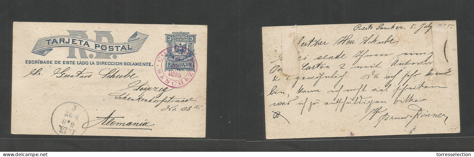 DOMINICAN REP. 1895 (5 July) Puerto Sanchez - Germany, Leipzig (3 Aug) 3c Blue Stat Card, Violet Depart Cds, Arrival Alo - Dominicaine (République)