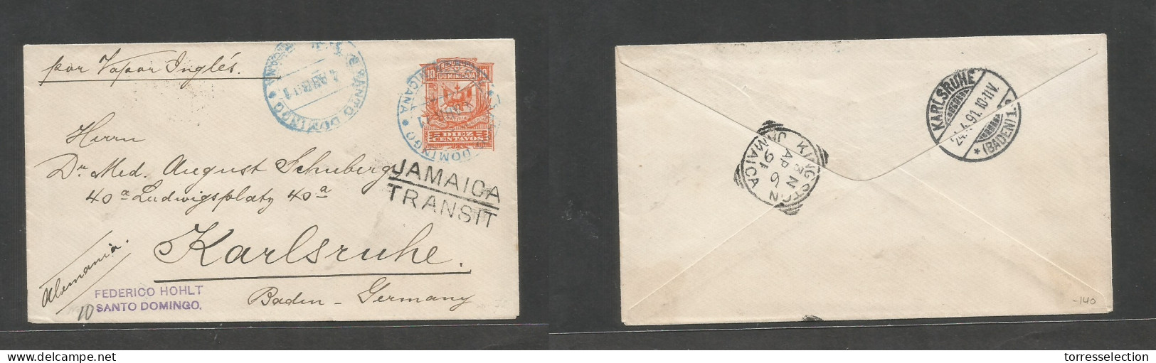 DOMINICAN REP. 1891 (4 Apr) Santo Domingo - Germany, Karlsruhe (24 Apr) 10c Orange Stationary Envelope, Blue Cds Via "Ja - Dominikanische Rep.