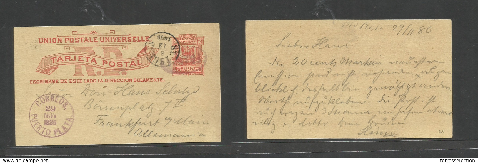 DOMINICAN REP. 1886 (29 Nov) Puerto Plata - Germany, Frankfurt Via St. Thomas DWI (8 Dec) 2c Red Stat Card Oval Town Can - Dominicaine (République)