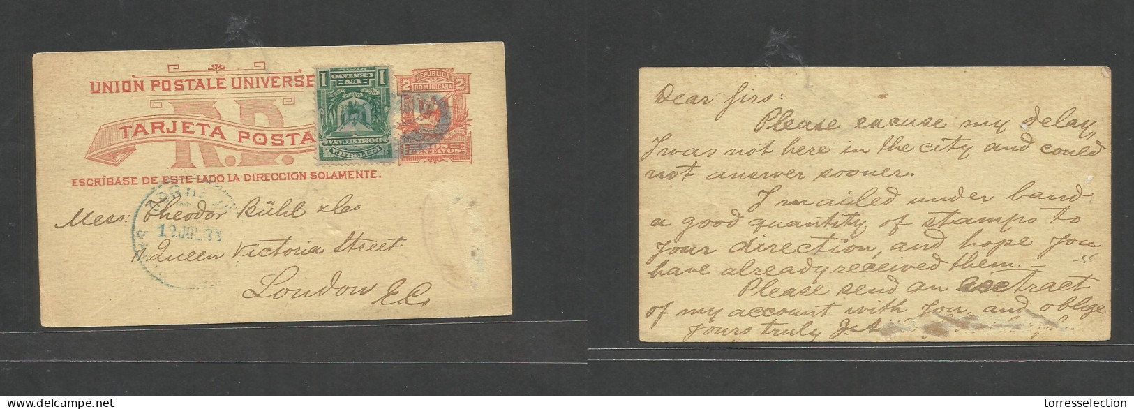 DOMINICAN REP. 1886 (12 July) Santo Domingo - London, UK. 2c Red Stat Card + 1c Green Adtl Tied Oval Town Ds + Cds Along - Dominicaine (République)