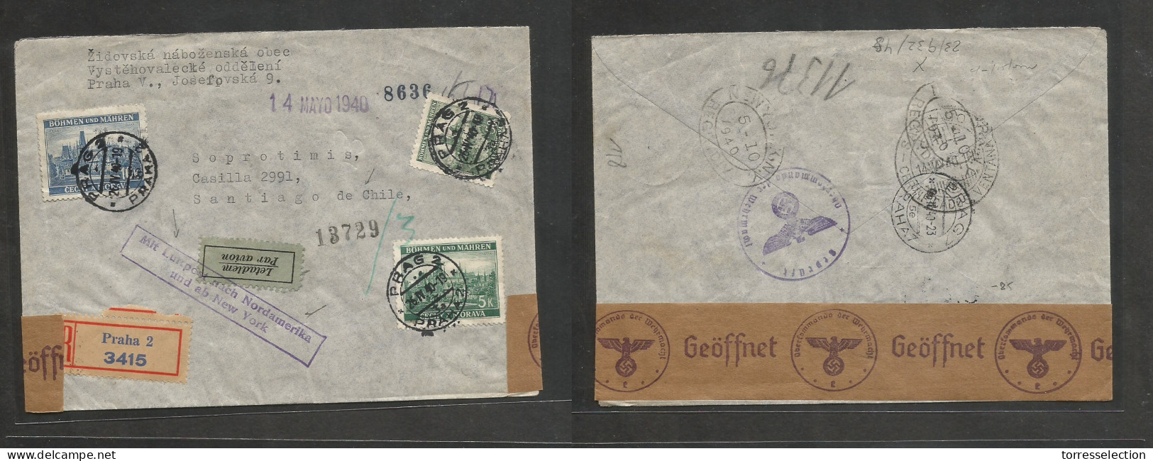CZECHOSLOVAKIA. 1940 (26 April) Bohemia, Prague - Chile, Santiago (14 May) Registered Air Multifkd Env + 2 Labels + Air  - Autres & Non Classés