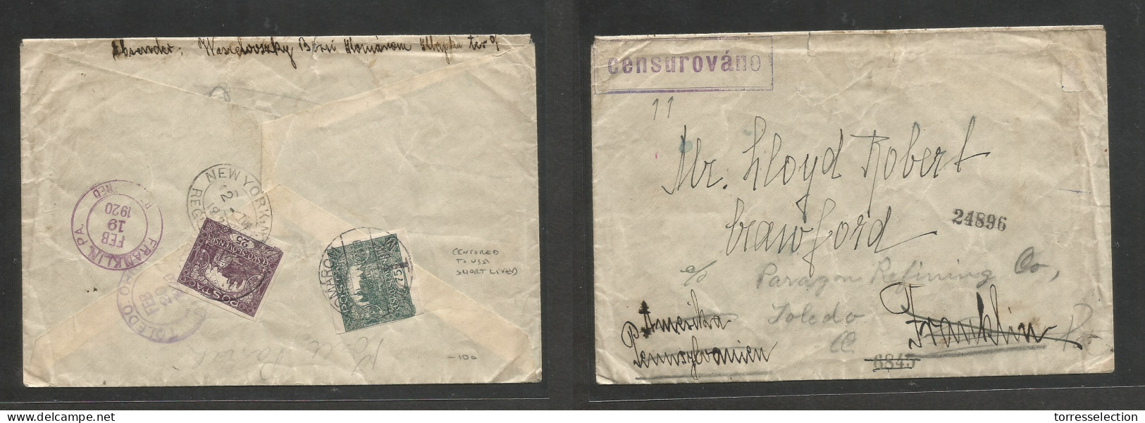 CZECHOSLOVAKIA. 1920 (Jan) Komarom - USA, PA, Crawford, Franklin (19 Feb) Unsealed Registered Reverse Multifkd Envelope  - Autres & Non Classés