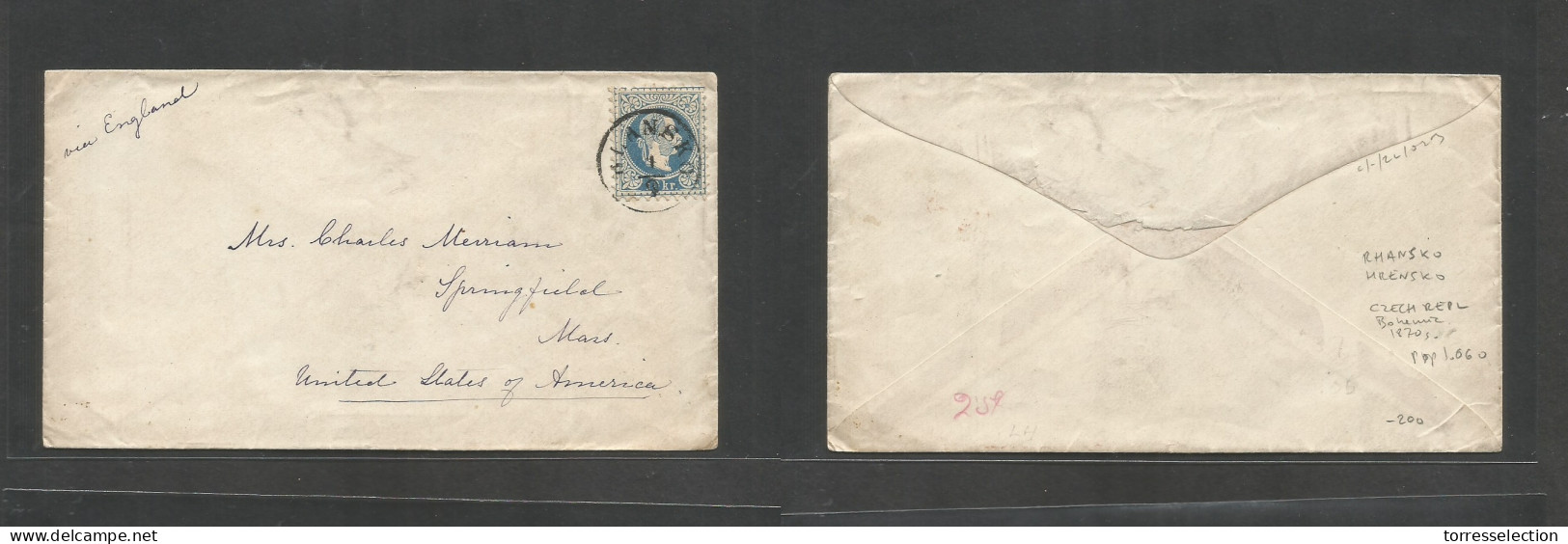 CZECHOSLOVAKIA. 1870s. Austrian Postal Admin. Rhansko Hremsko, Bohemia - USA, Mass, Springfield. 10kr Blue Perf Fkd Env, - Autres & Non Classés