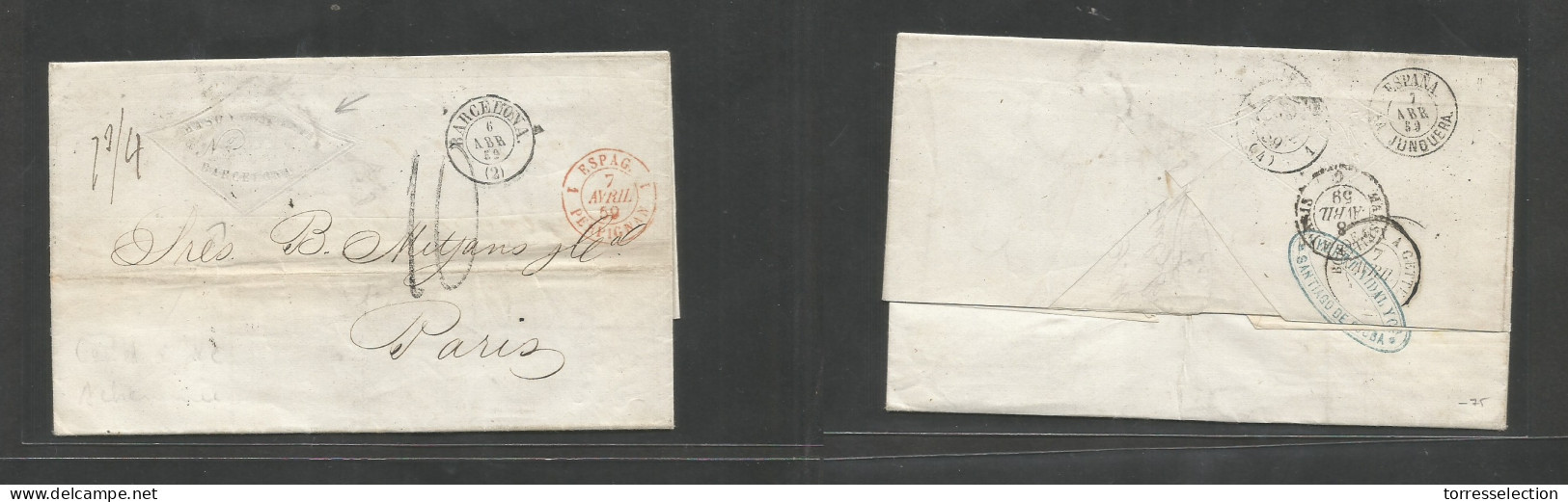 CUBA. 1859 (7 March) Stgo De Cuba - France, Paris (8 April) Carta Completa Con Texto Con Doble Encaminador, Dorso "Vida  - Autres & Non Classés