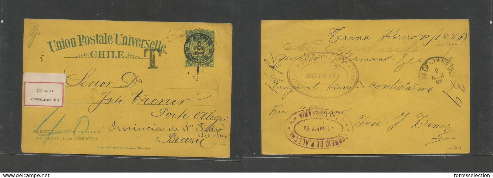 CHILE - Stationery. 1886 (7 Feb) Tacna - Brazil, Porto Alegre (21 March) Via Rio (9 March) 2c Blue / Yellow Colon Stat C - Chili