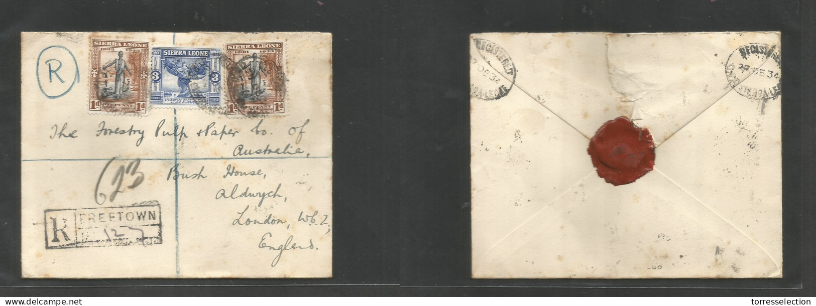 BC - Sierra Leone. 1934 (27 Dec) Freetown - London, England. Registered Multifkd Envelope, Tied Oval Ds + R-cachet, Also - Otros & Sin Clasificación