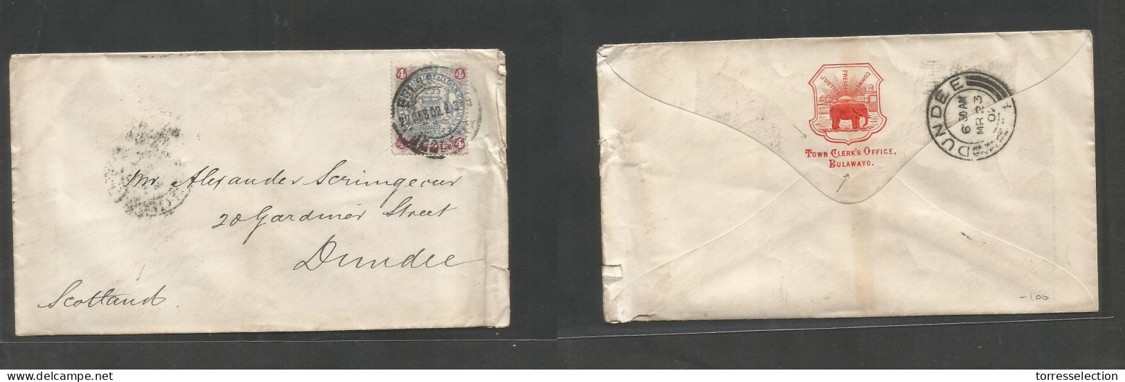 BC - Rhodesia. 1902 (22 Febr) BSAC, Bulawayo - Scotland, Dundee (23 March) Town Clerks Office Reverse Elephant Printed S - Autres & Non Classés