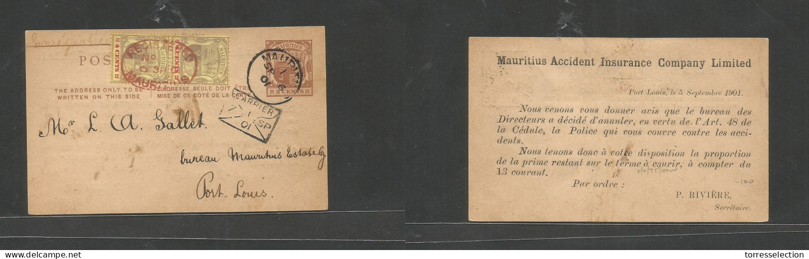 BC - Mauritius. 1901 (6 Sept) GPO - Port Louis (7 Sept) 2c Brown Printed Stat And On Local Registration Usage With Adtl  - Autres & Non Classés