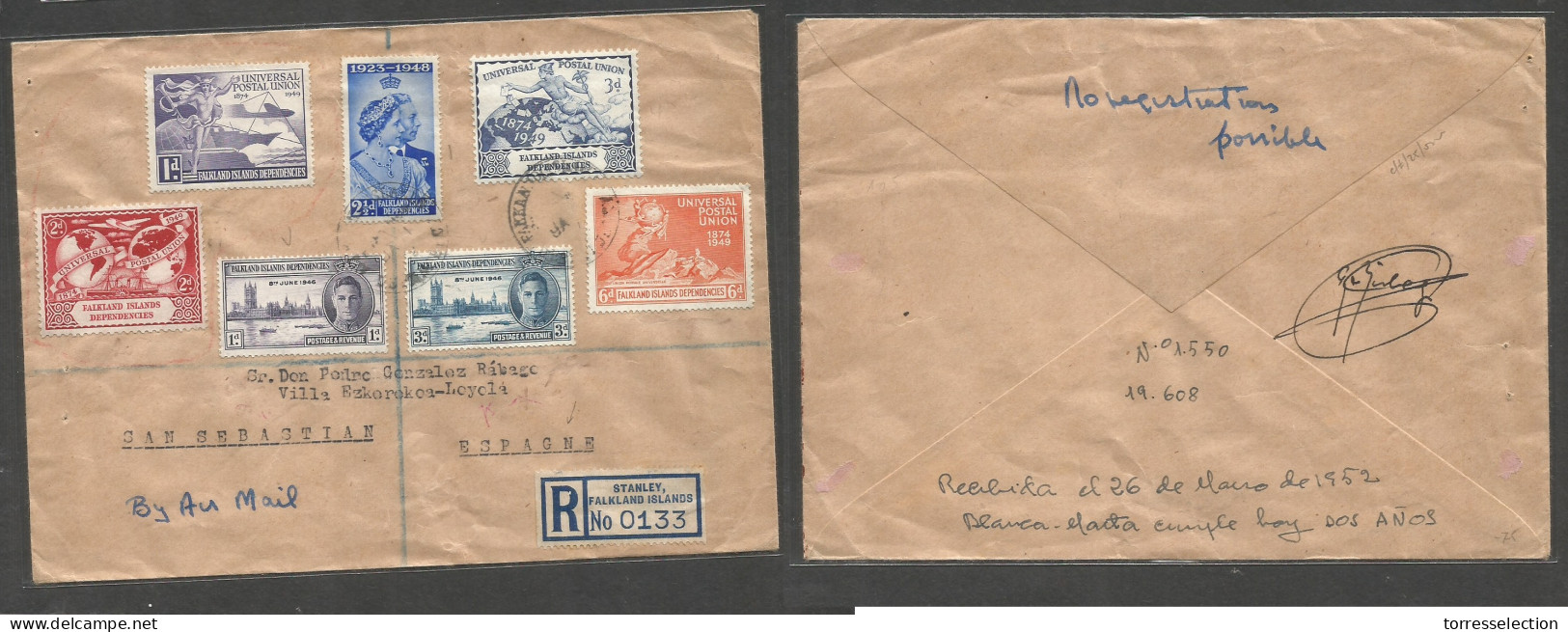 BC - Falkland Islands. 1952 (1 Jan) Stanley - Spain, San Sebastian (26 March 1952) Registered Airmail Multifkd Env Trip  - Autres & Non Classés