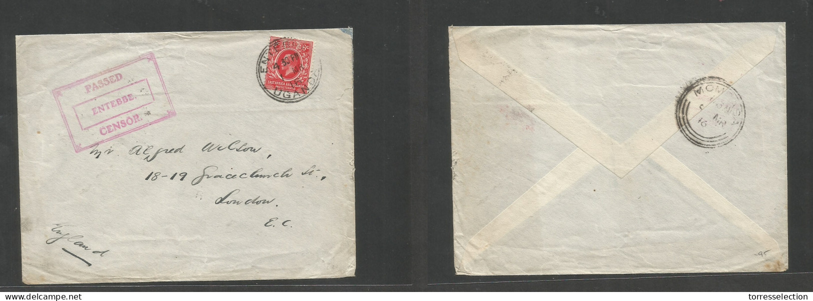 BC - East Africa. 1916 (1 March) Uganda, Entebbe - London, England Via Mombassa. Single 6c Red Fkd Envelope Tied Cds + B - Autres & Non Classés