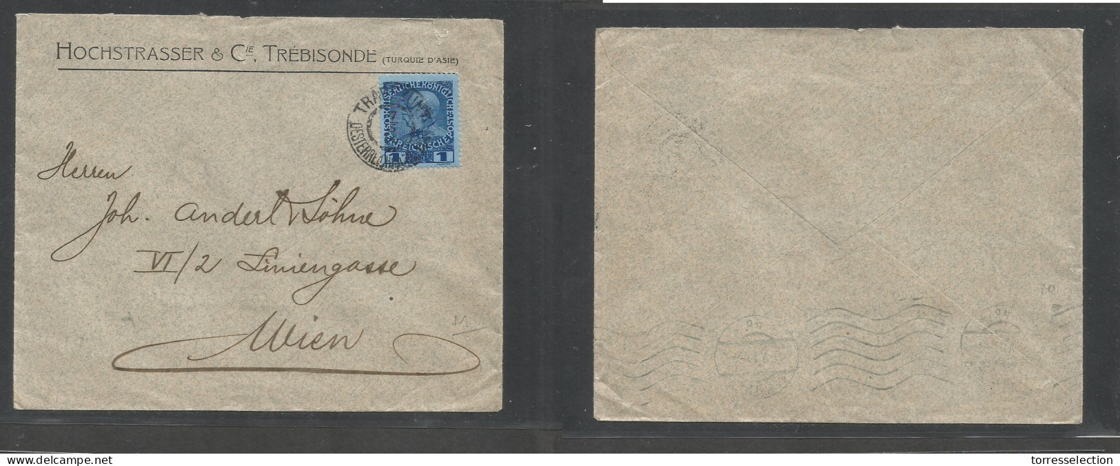 AUSTRIAN Levant. 1910 (7 May) Turkey, Trapezunt - Wien, Austria (11 May) Comercial 1 Pi Dated Blue Fkd Envelope, Tied De - Autres & Non Classés