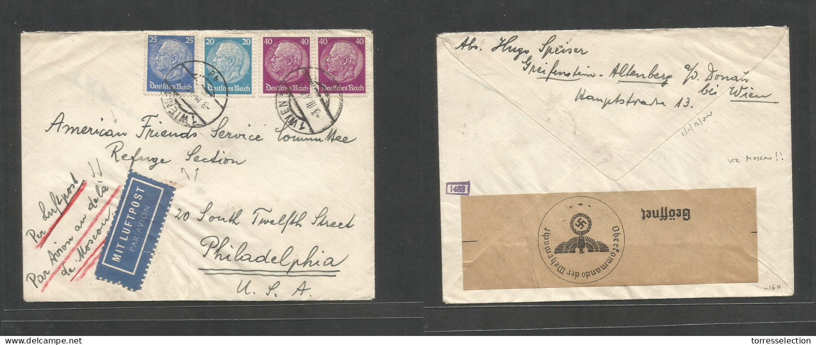 AUSTRIA - XX. 1940 (3 March) German Nazi Occup. Wien - USA, Philadelphia. Addressed To Refugees Section, At 1,25 Mark Ra - Sonstige & Ohne Zuordnung