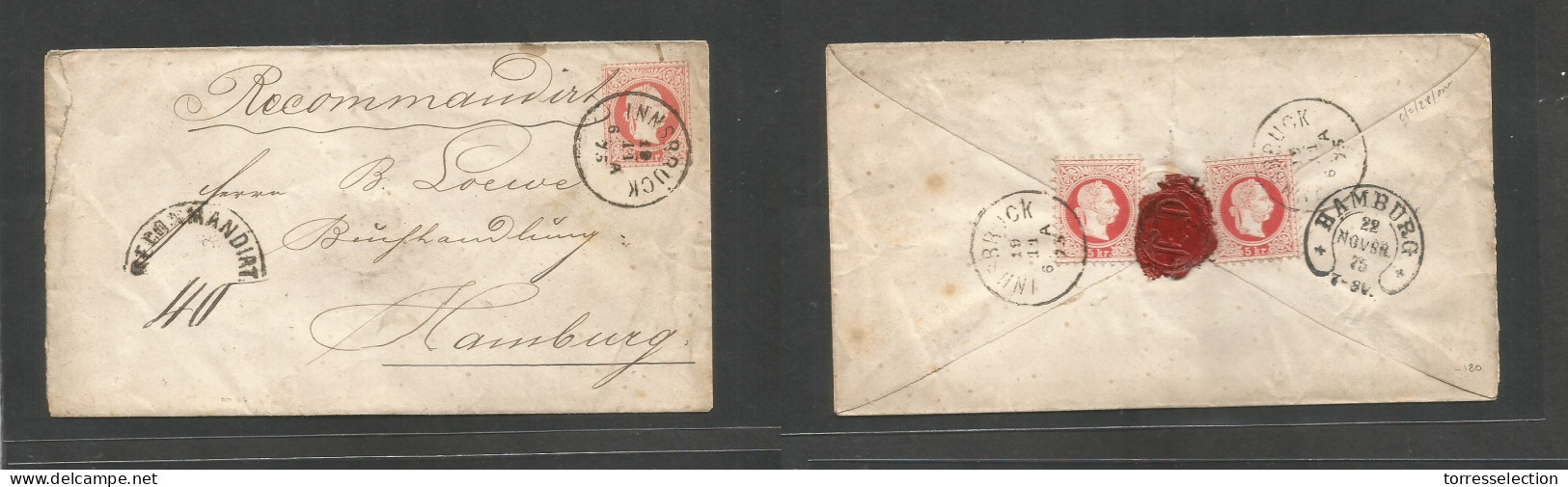 AUSTRIA. 1875 (10 Nov) Innsbruck - Germany, Hamburg (22 Nov) Registered Reverse Multifkd 5 Kr Red Stat Env, Cds + Semici - Autres & Non Classés