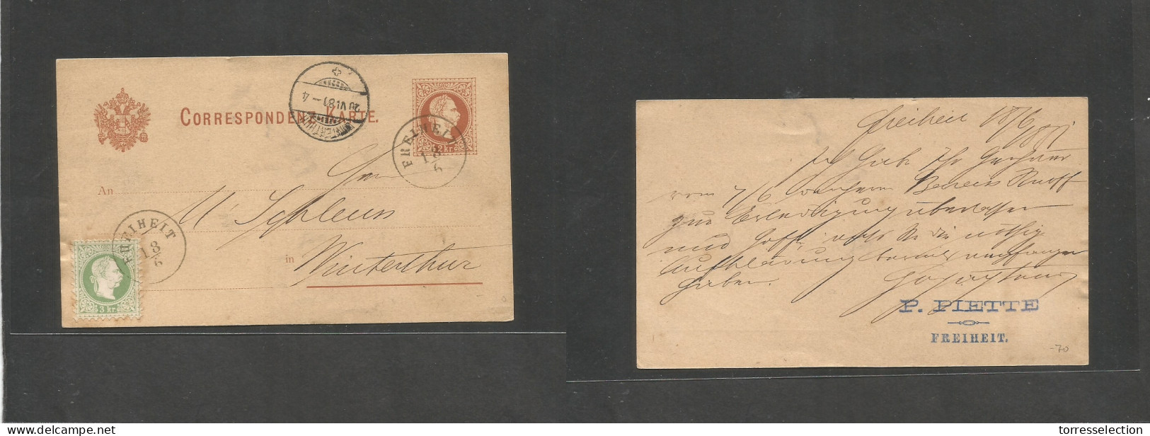 AUSTRIA - Stationery. 1881 (18 June) Freiheit (Konisberg) 6g Czech Rep - Wintethur, Switzerland (20 June) 2kr Brow + 3kr - Sonstige & Ohne Zuordnung