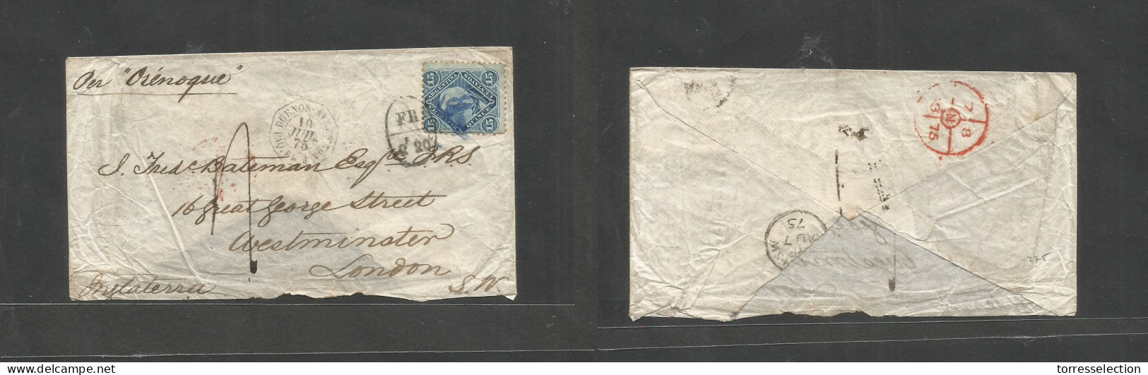 ARGENTINA. 1875 (10 July) Buenos Aires - London, England (7 Aug) Fkd Env 15c Blue, Cancelled "B" Romboid, Tied "FR 2fr 2 - Sonstige & Ohne Zuordnung