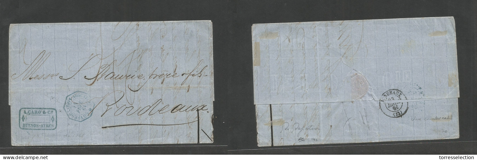 ARGENTINA. 1861 (13 Febr) Buenos Aires - France, Bordeaux (23 March) E With Text, Blue French Consular Octogonal Cachet  - Autres & Non Classés