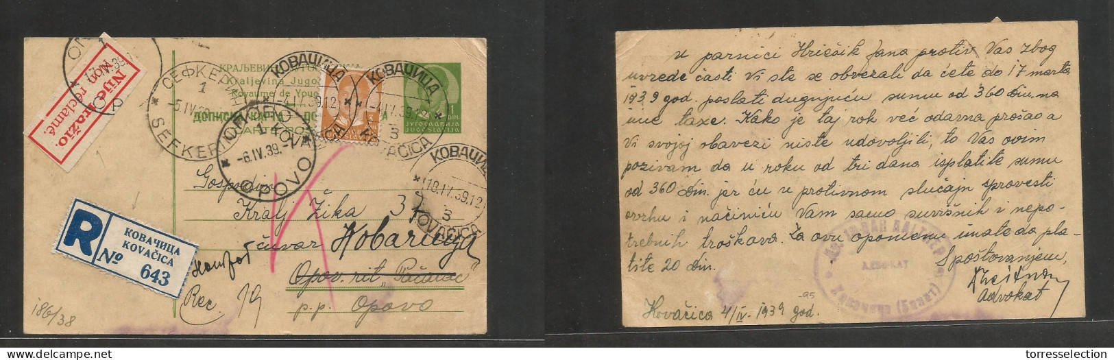 YUGOSLAVIA. 1939 (4 April) Kovacika - Opovo (6 April) Registered Adtl Fkd 1 Din Green Stat Card, Reg + Retour Label, Tie - Autres & Non Classés