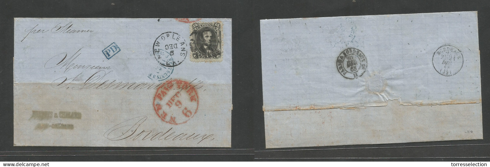 USA. 1868 (5 Dec) New Orleans - France, Bordeaux (21 Dec) Via NY (Dec 9) + US Steamer Direct. Fkd E 15c Black Lincoln, T - Autres & Non Classés