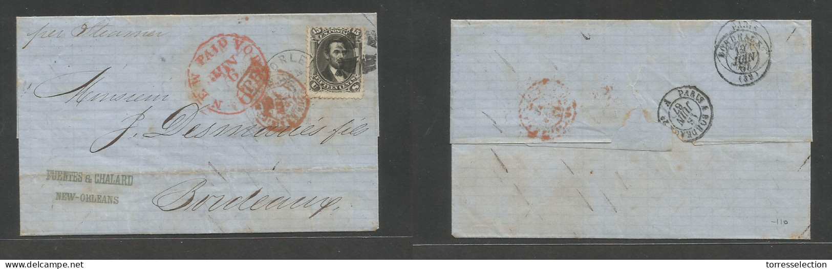USA. 1867 (1 June) New Orleans - France, Bordeaux (19 June) E. Fkd 15c Black Lincoln, Tied Fancy Cork + Cds Via NY Paid  - Sonstige & Ohne Zuordnung